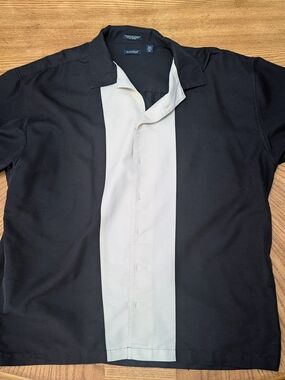 Resort-Style Black and Cream Vertical Panel Camp Shirt. 90's Charlie Sheen Style